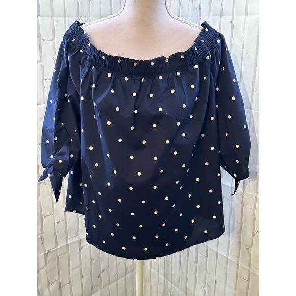 NWT H&M Blue and White Polka Dot Off the Shoulder Top Sz 10 - Picture 1 of 6
